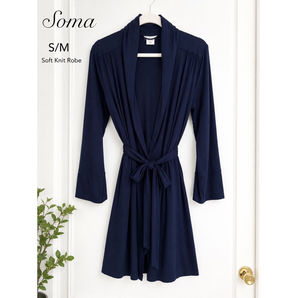 Soma Soft Knit‎ Robe S/M Navy Blue Wrap Tie Waist Cozy Lounge Sleepwear